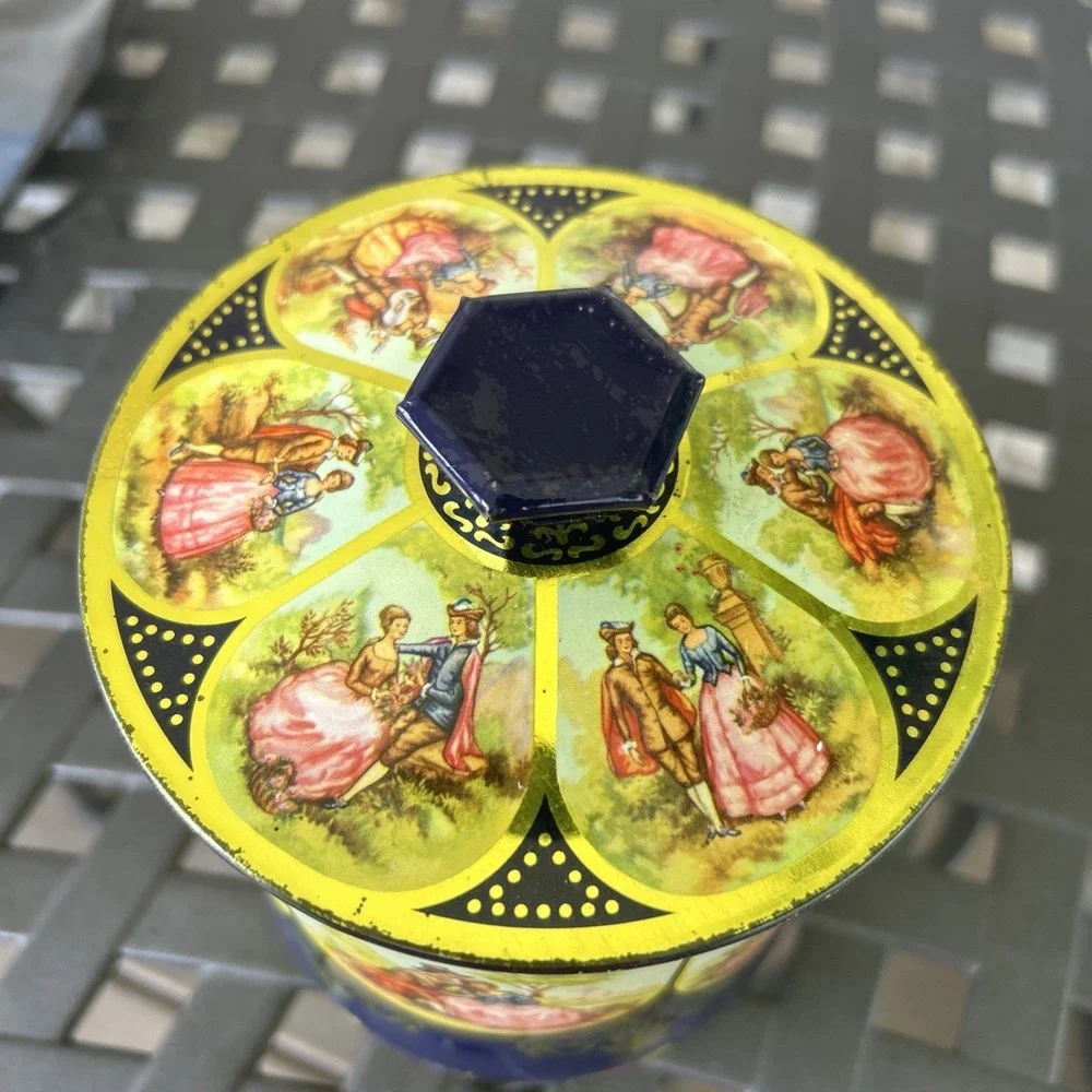 Vintage Victorian Navy Floral Biscuit‎ Tin With Handle Couple